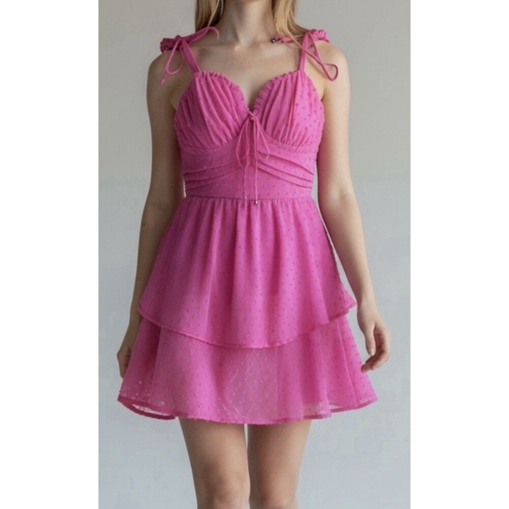 Hot Pink Swiss Dot Layered Ruffle Mini Dress XS